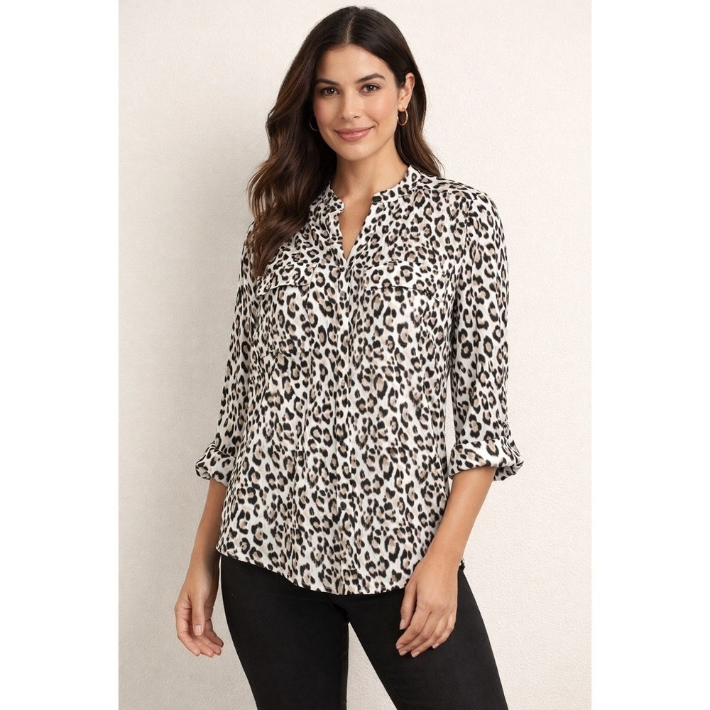 NWT Jones New York Leopard Print Classic Blouse Camel Combo Modern Essentials